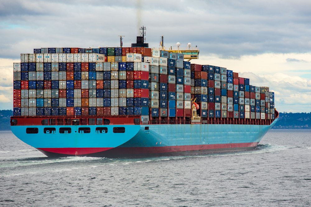 Loaded container vessel under way at sea
